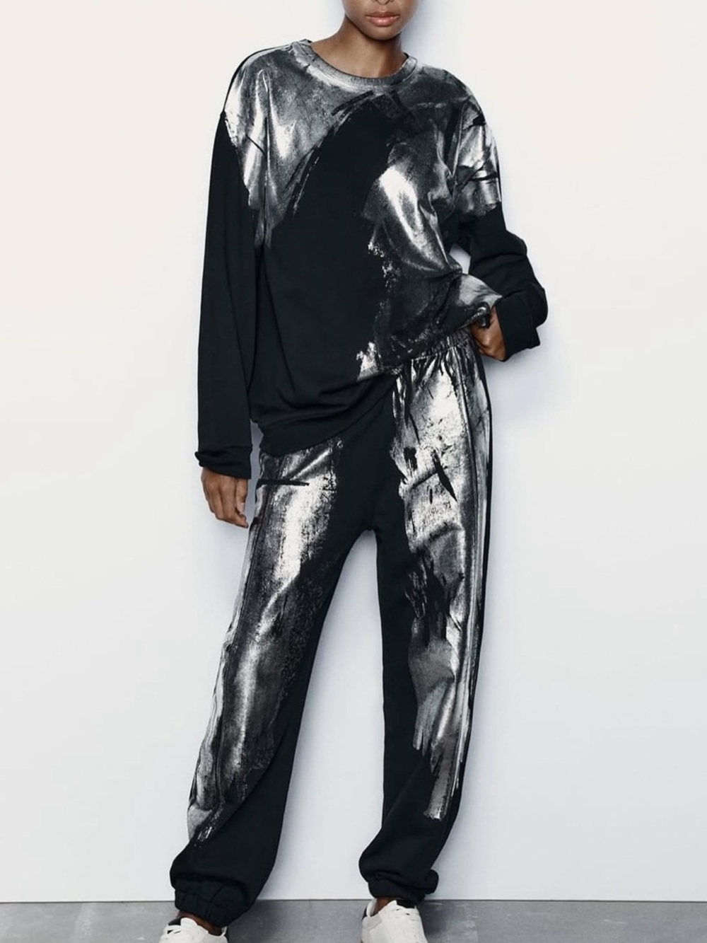 Zara Black Sweatshirt(L) and Pants(M) with Silver Metallic Accents